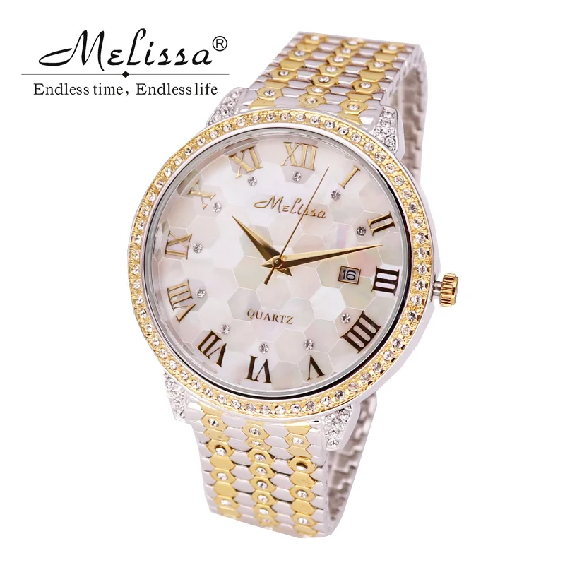 Luxury Melissa Men's Watch Women's Watch Elegant Rhinestone Stainless Steel Large Hours Crystal Clock Girl Birthday Gift Box