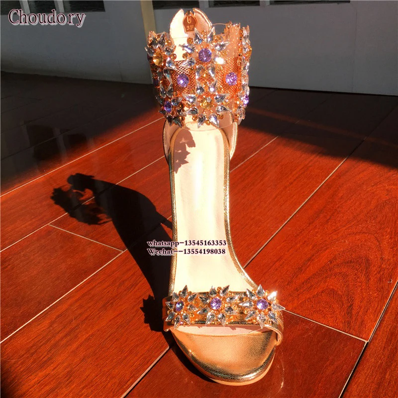 Top Quality Rhinestones Gold Women Sandals Summer Crystal Women Sandals High Heels Open Toe Thin Heels Weeding Women Shoes