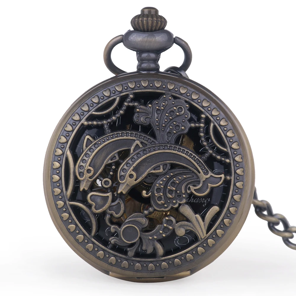 

Exquisite Ocean Theme Dolphin Embossed Mechanical Pocket Watch Vintage Gentleman Pendant Accessories Necklace Men's Gift