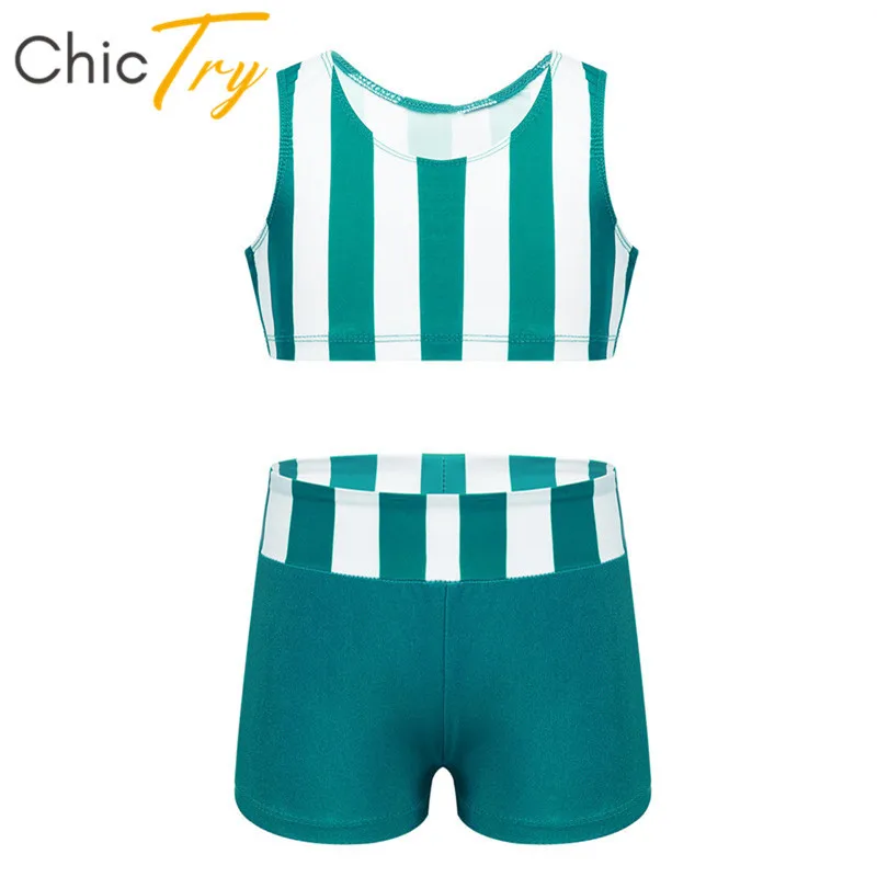 

ChicTry Kids Teens Sleeveless Striped Gym Sports Crop Tops with Shorts Set Children Girls Ballet Gymnastics Stage Dance Costume
