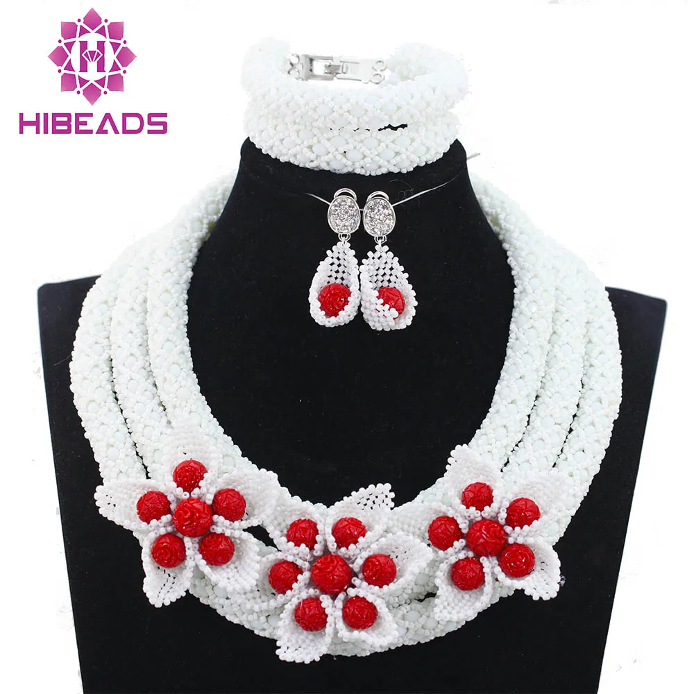 

2017 New White Beads Jewelry Set White Mix Red Crystal Bridal Women Jewelry Set New Ceremony Engagement Jewelry Free Ship ABH251