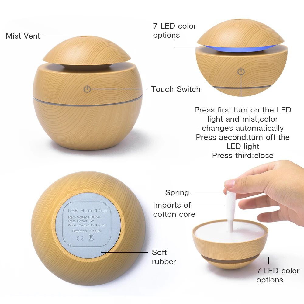 Humidificador de aire mini, difusor aromático ultrasónico USB, de madera de grano, 7 luces LED eléctricas, difusión de aceites esenciales para el