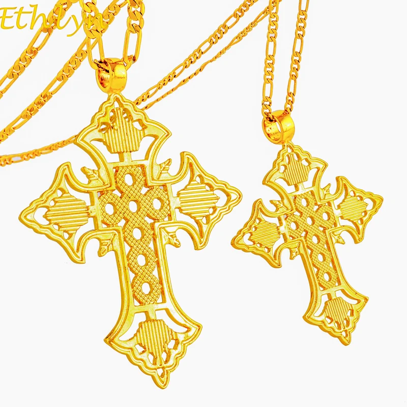 Ethlyn Big/Small Gold Cross Necklace for Women/Men Good Style Gold Color Ethiopian Crosses Charm Pendant Eeligion Jewelry Gift