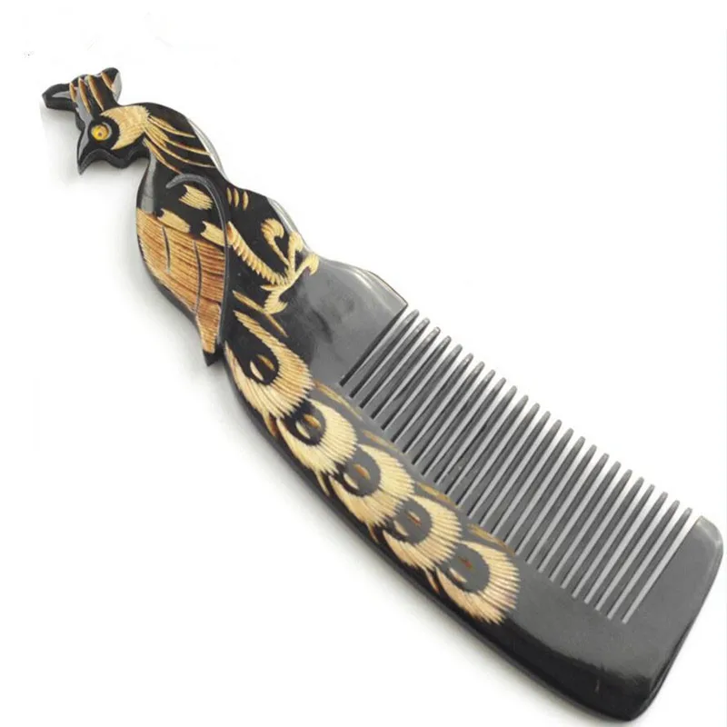 Peacock design Natural Buffalo horn Comb for hair massage Wide Tooth anti-static head Massage Hair Brush combs hairbrush