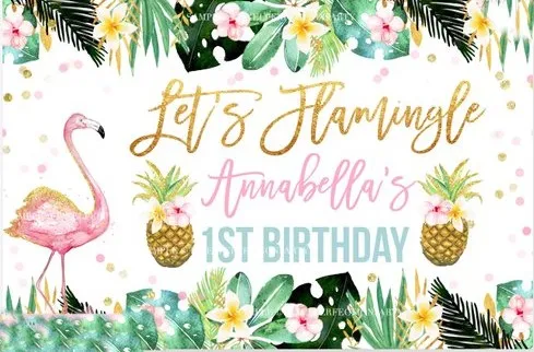 

custom Tropical Flamingo Party Hawaiian Luau Pineapple Flower Leaves background Computer print birthday backdrop