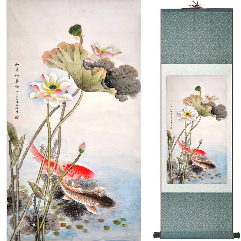 Fish painting Silk scroll paintings traditional art Chinese painting Fish picture Printed painting82402