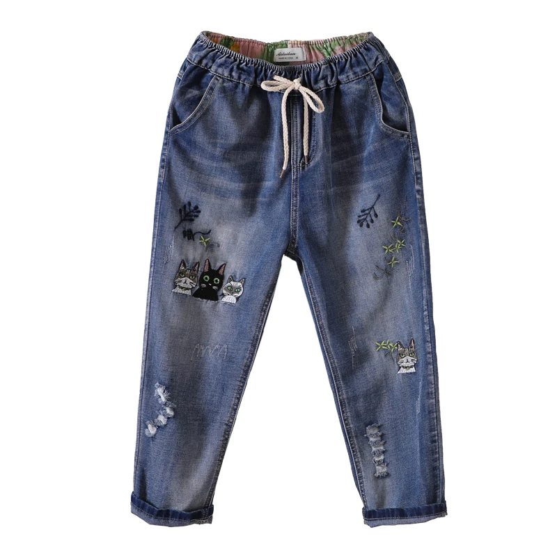 Women Korea Loose Large Size Denim Cropped Trousers Female Cartoon Embroidery Harem Pants Female New High Waist Summer Pants