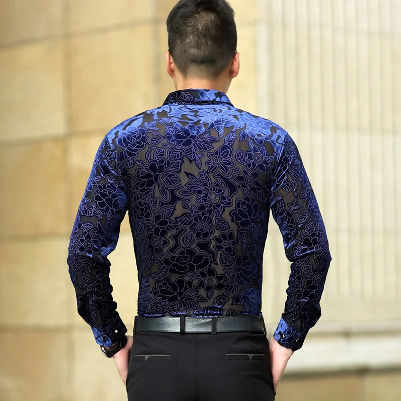 Man Lace Dress Shirt Long Sleeve Silk Velvet Transparent Shirts Hollow Floral See Through Clothes Free Shipping