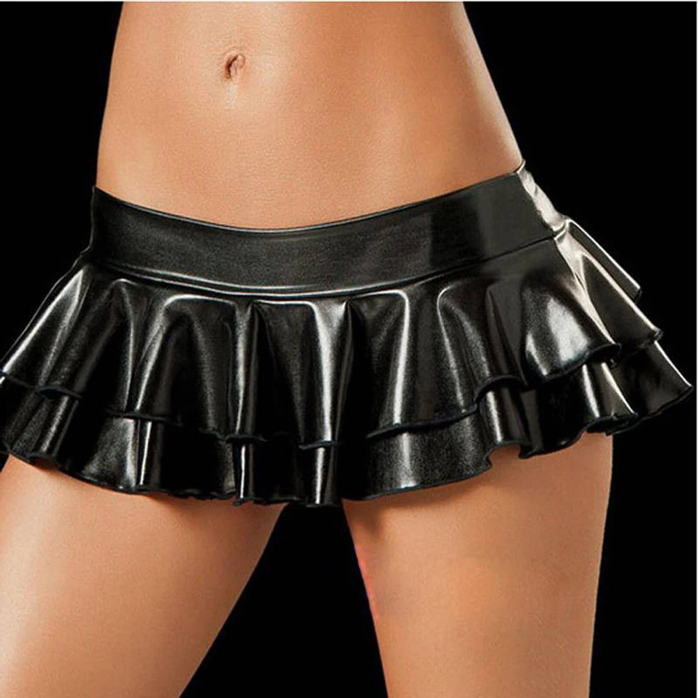 Glitter PU Leather vita bassa Falbala gonna a strati singoli Hot Sexy Charming Micro Mini Dress Pole Dance Night Clubwear