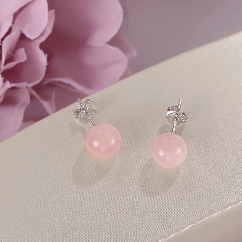 Fine Jewelry Stud Earring For Women Solid 925 Silver 100% Natural 8mm Rose Quartz Pink Gemstone Cute Lovely Brincos Party Gift