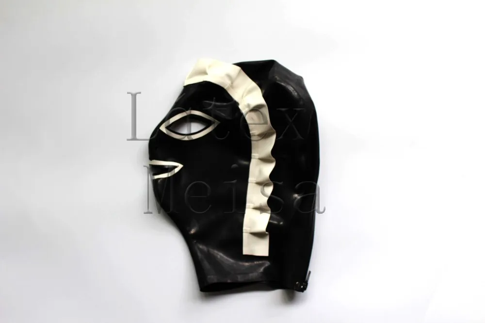 Female latex masks maid open eyes mouth and nostrils main in black and white trim colors with back zip