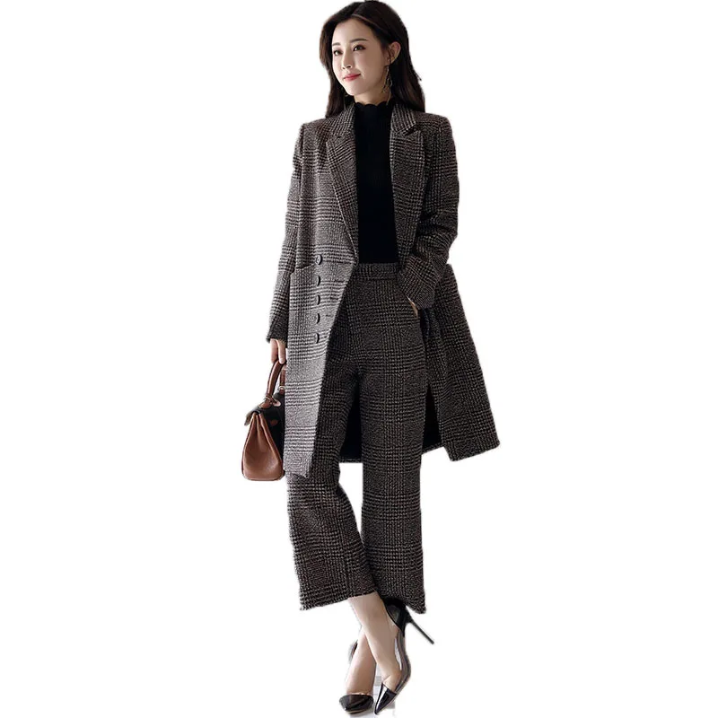 

European and American fashion retro women's long-sleeved loose casual Korean plaid coat + nine points / pants Two pieces / set