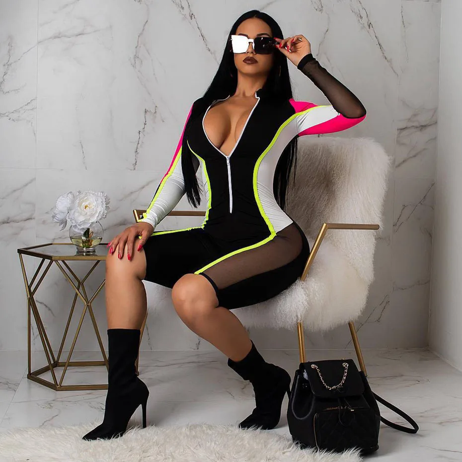 2019 Spring Sexy Mesh Splicing Playsuit Womens Streetwear Front Zipper Long Sleeve Shorts Jumpsuit Bodycon Rompers Overalls