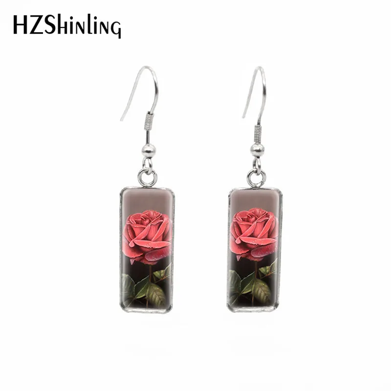 2019 New Red Rose Rectangular Earring Flowers Art Fish Hook Earring Romantic Ear Rings Hand Craft Glass Jewelry