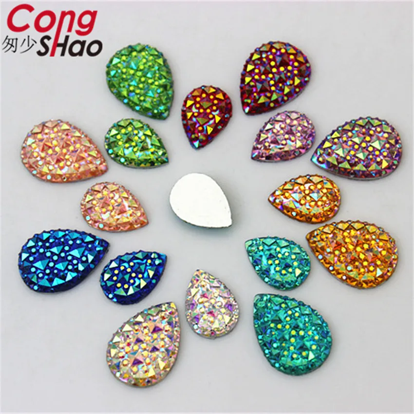 Cong Shao 100pcs 10*14/13*18mm AB Color Drop Stone And Crystals Flatback Resin Rhinestone Trim Wedding Dress Button Crafts YB31