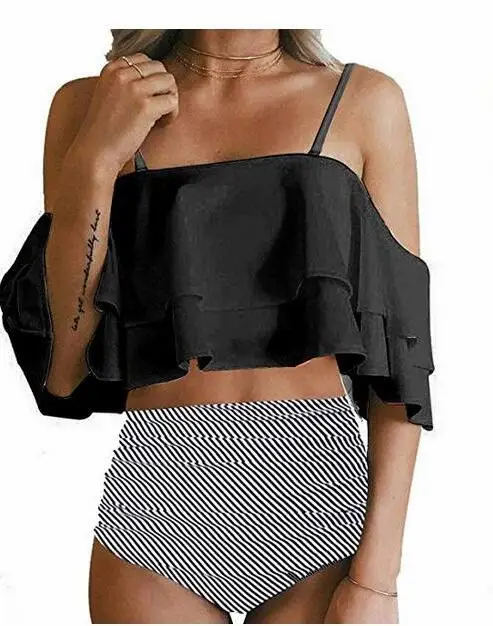 Damski dwuczęściowy strój kąpielowy Off Shoulder potargane falbany krótki top Bikini z wycięciem na dole zestaw out205