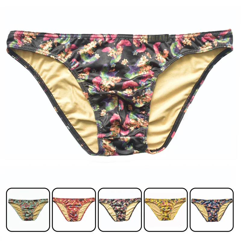 hot Mens Underwear Briefs Sexy Male Panties Gay Mens Bikini Soft Brief Colorful Milk Silk Ginkgo Leaf Print Underpants jockstrap