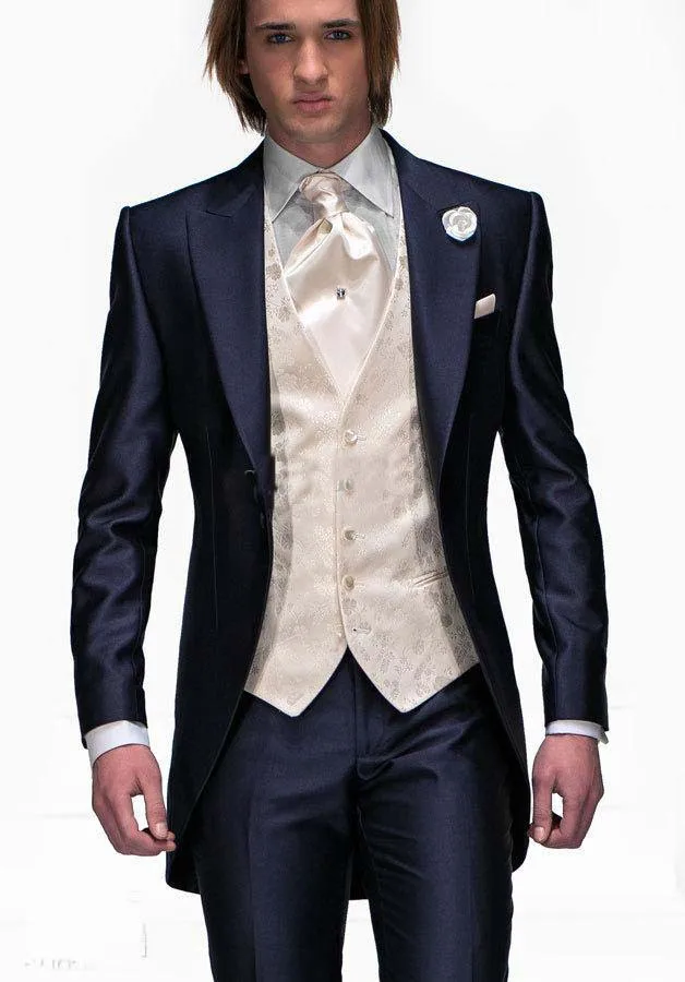 

2015 One Button Groom Tuxedos Navy Blue Best man Peak Lapel Groomsman Men Wedding Suits Bridegroom(Jacket+Pants+Tie+Vest)wedding