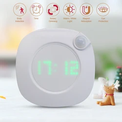 Motion Sensor Night Light With Clock Battery Power PIR Sensor Two Lighting Color Adjustable Brightness Magnet Night Lamp