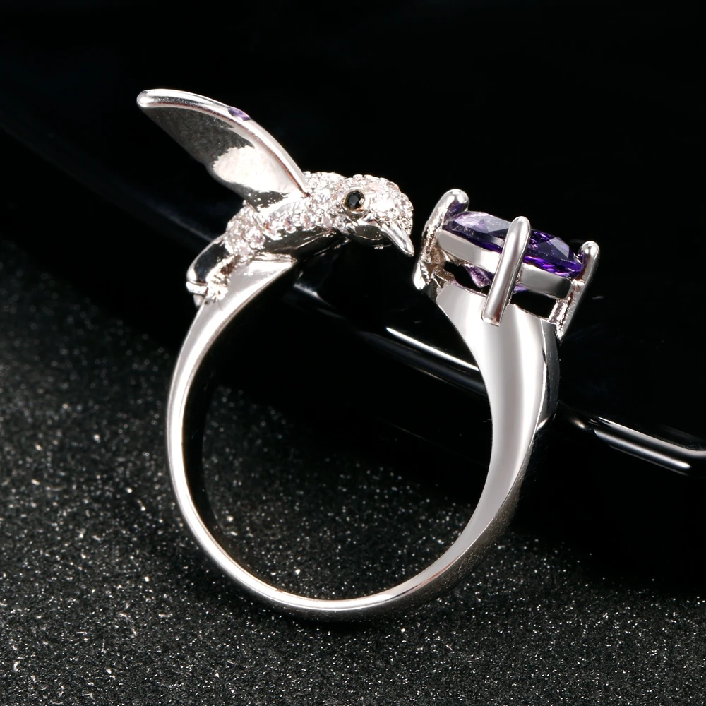 Original Bird Design Purple Amethyst Adjustable Open Rings For Women Top Quality Fashion 925 Silver Jewelry Bohemia Wedding Ring