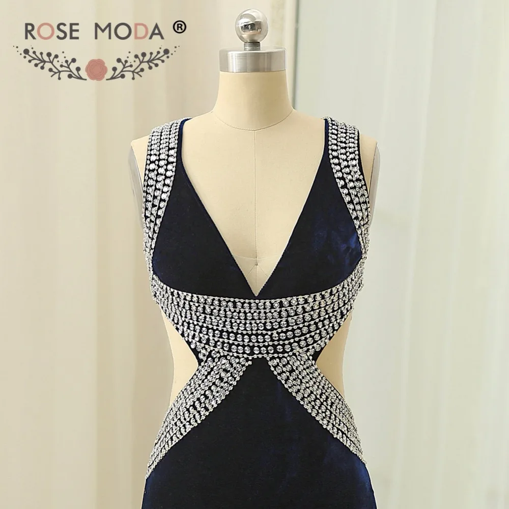 Rose Moda مثير الخامس الرقبة البحرية المخملية فستان سهرة مع شق عالية صور حقيقية