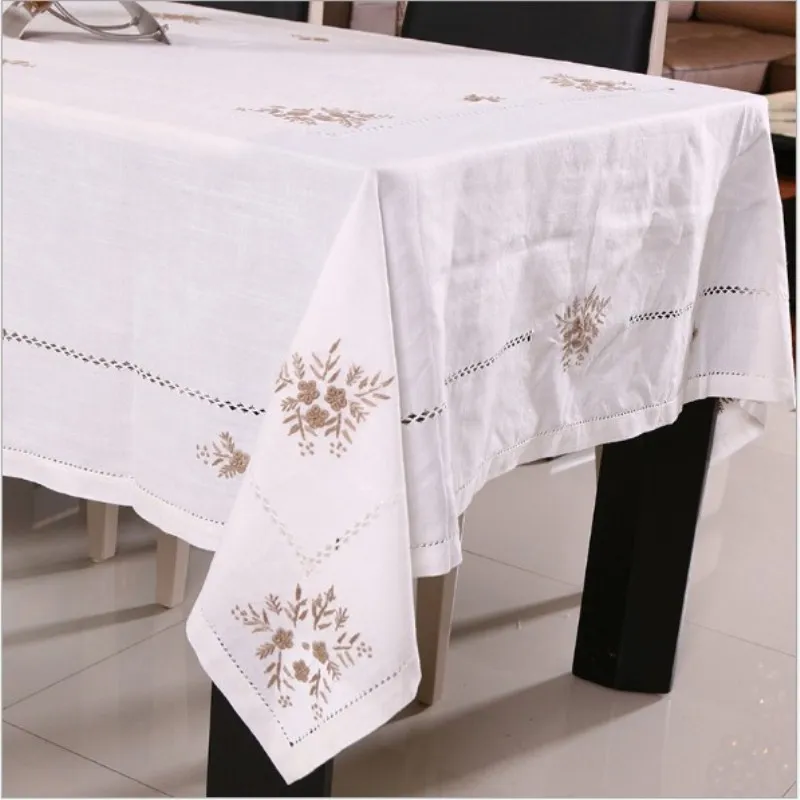 JUYANG Embroidered cotton and linen tablecloths. White decorative table cloth. Hand Hollow process tablecloths. Cover cloth.