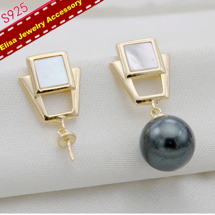 3Pairs/Lot Square Design Shell Pearl Earrings Settings S925 Sterling Silver Pearl Earrings Holder Women DIY Handmade Craft Ace