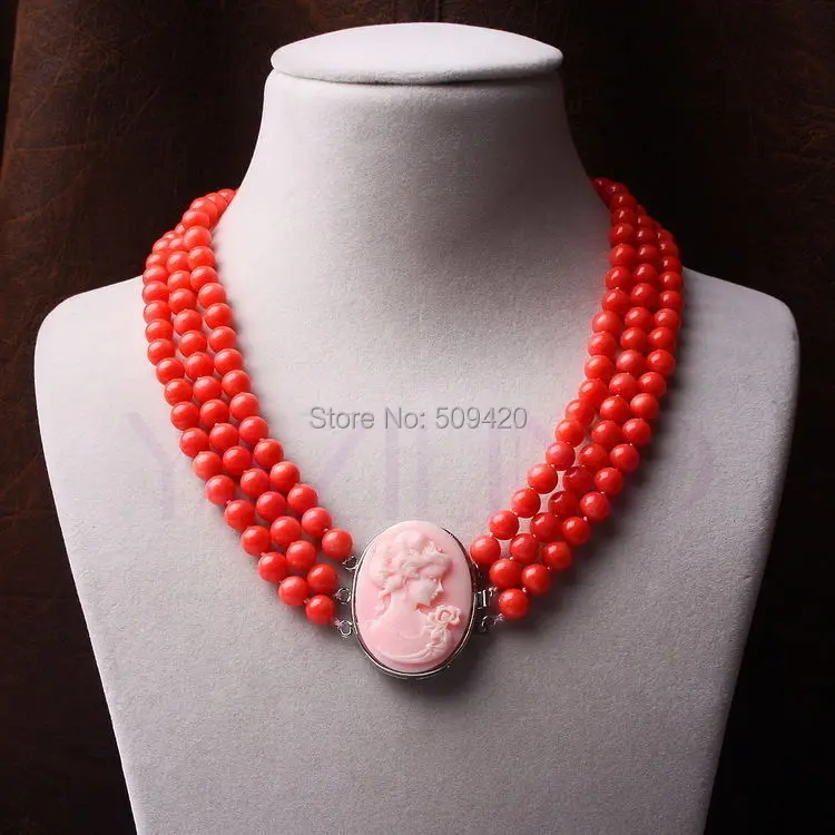 

Wholesale hand carved red coral pink Victoria pendant multi strand necklace new fashion