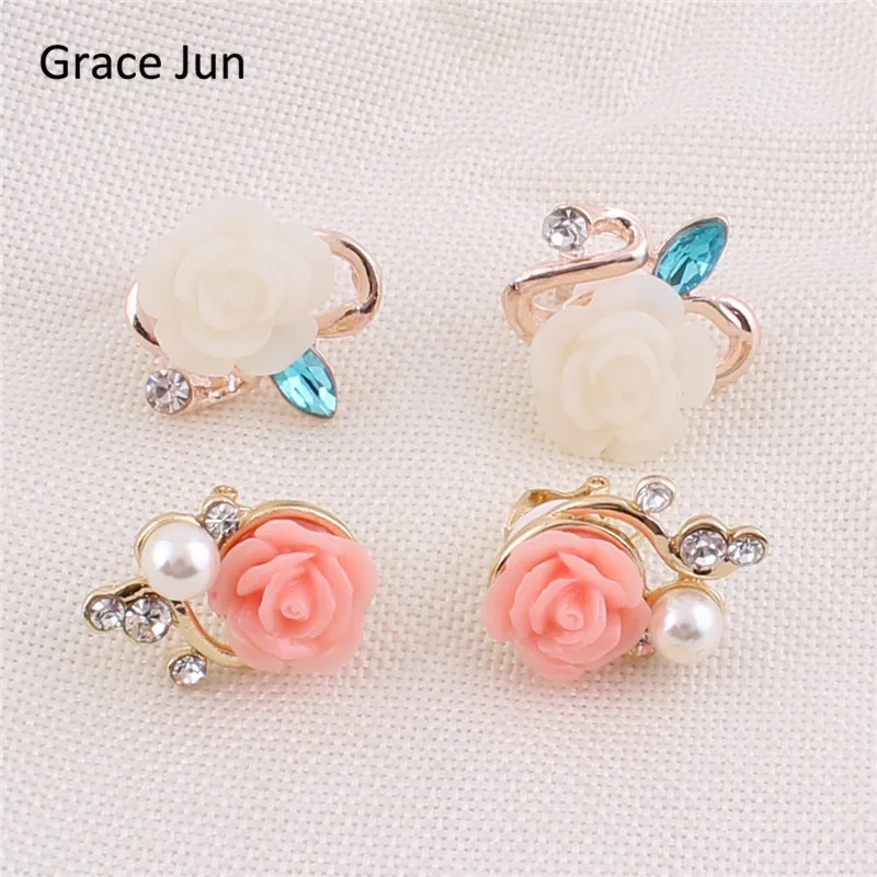 Grace Jun High Quality Fashion Rose Flower Shape Clip on Earrings Without Piercing for Women Party Luxury Jewelry Ear Clip New