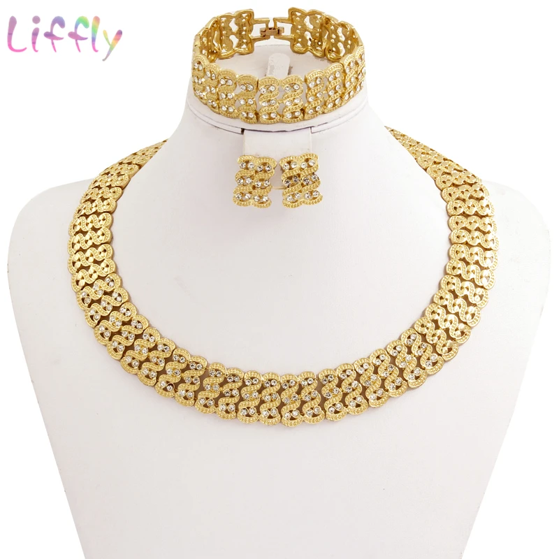 

Liffly African Wedding Jewelry Sets Women Fashion Bridal Dubai Gold Crystal Necklace Bracelet Ring Earrings Sets Jewelry