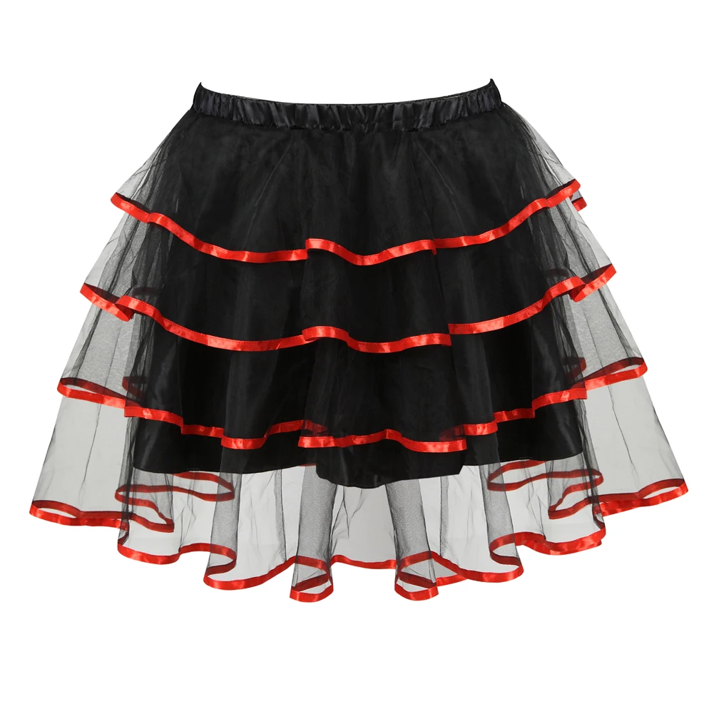 Ruffles Layered Skirts Corset Adult Ribbon Trim Black Organza Punk Tutu Skirt Women Cosplay Costume Plus Size Fashion Sexy Red