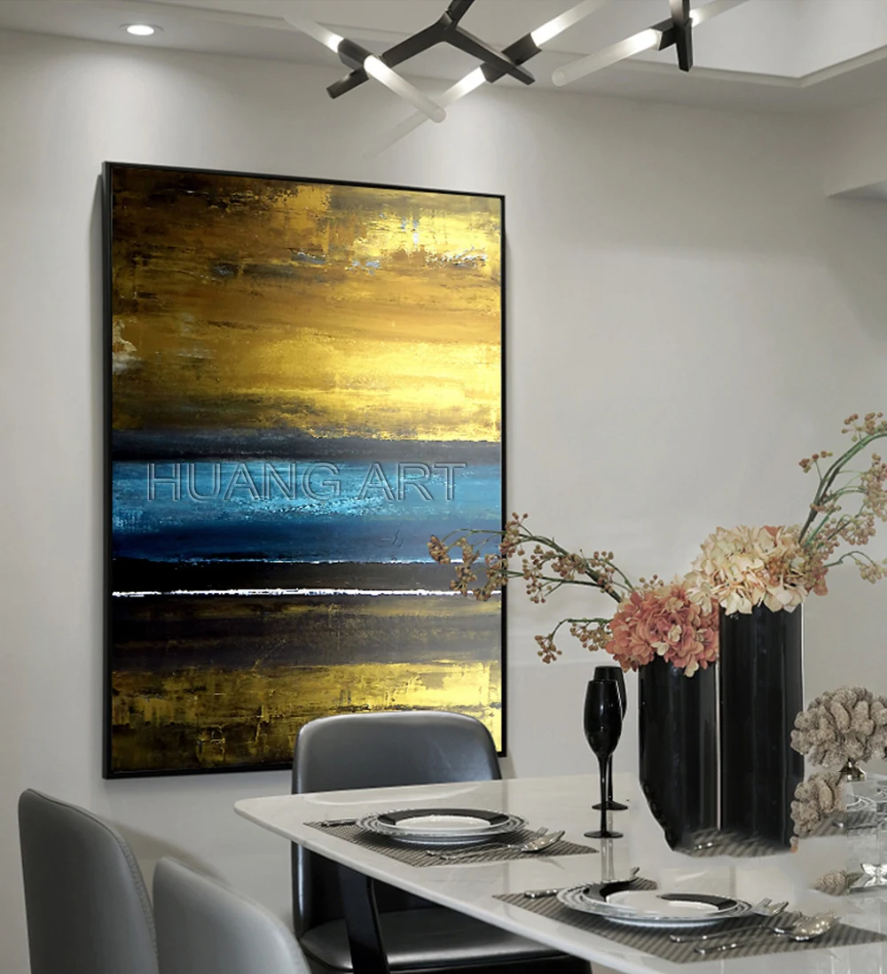 New Hand-painted High Quality Blue Yellow Gold Abstract Landscape Oil Painting on Canvas Modern Seascape Wall Decor Oil Painting