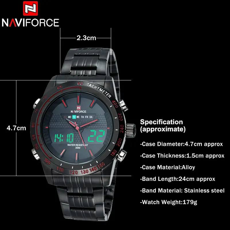 NAVIFORCE Brand Mens 30M Waterproof Sport Watch Men Stainless Steel Analog Digital LED Watches Dual Time Clock Relogio Masculino