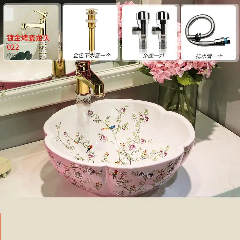 Imagem -04 - Flor e Pássaro Cor-de-rosa Lavabo Banheiro Cerâmica Bancada Lavatório Lavatório Lavabo Porcelana Vessel Sink Lavatório Pia