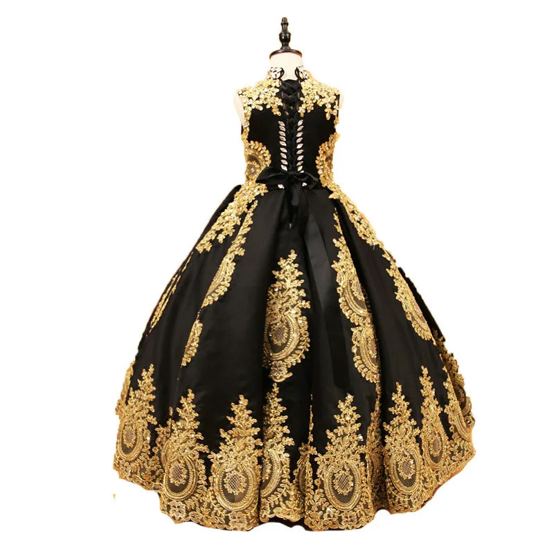 JaneVini – Robe à fleurs en dentelle dorée pour Fille, col haut, cristal noir, tenue De bal, De spectacle, De Mariage, pour Enfant