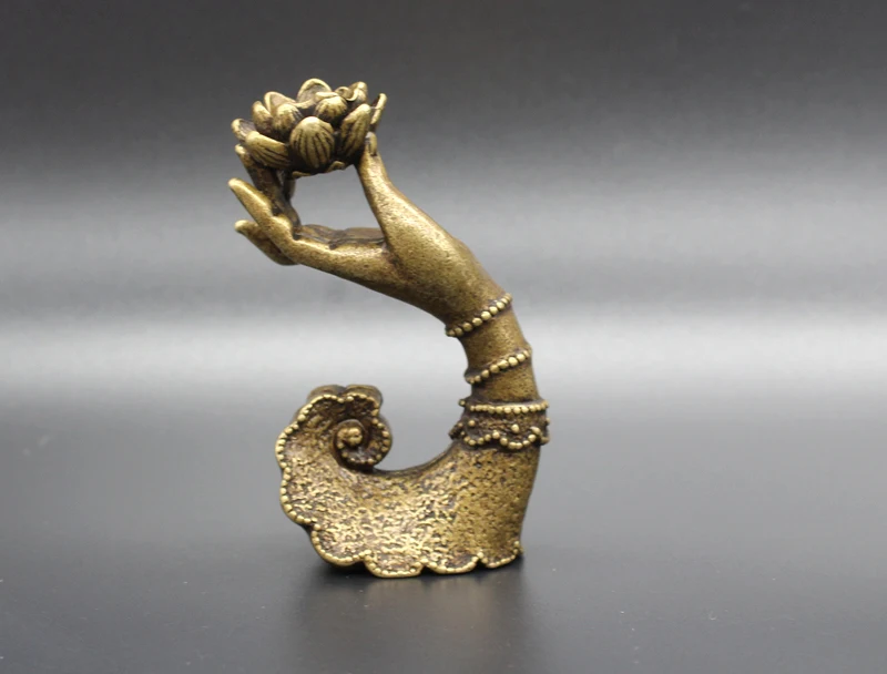 Elaborate Chinese Brass Buddha’ hand holding a Lotus Auspicious Statue