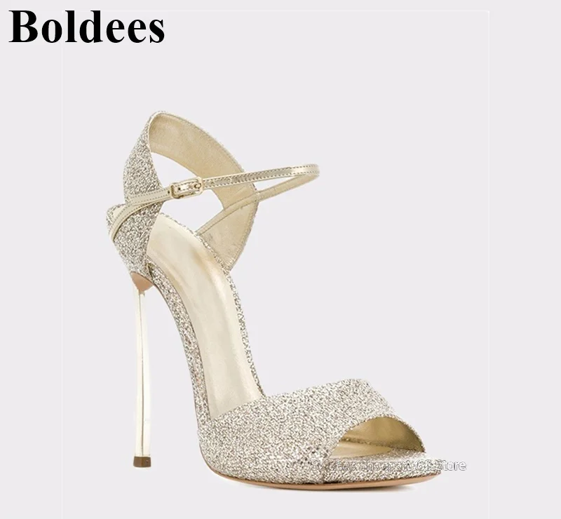 Sexy Blade Heeled European Golden Silver Bling Thin High Heel Sandals Woman Metal Heels Crystal Open Toe Party Dress Shoes