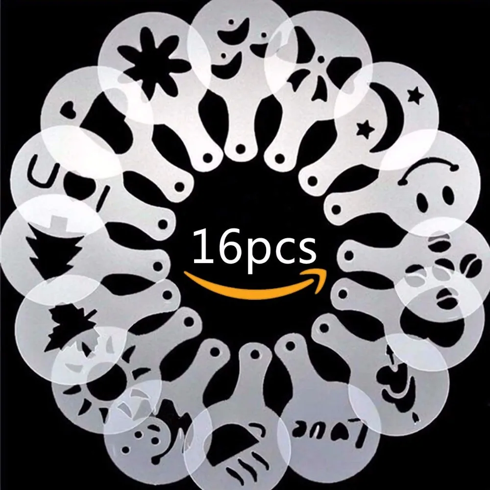 16PCS/set Plastic Cafe Foam Spray Template Barista Stencils Decoration Tool Garland Mold Fancy Coffee Printing Flower Model