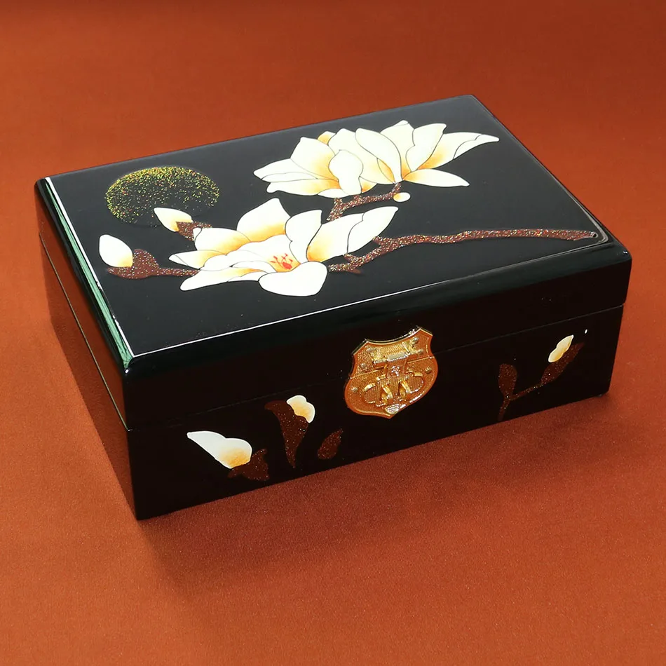 PingYao Shanxi China hand push brush light lacquer box Double-deck Chinese lacquerware jewelry case wooden dressing Dressing box