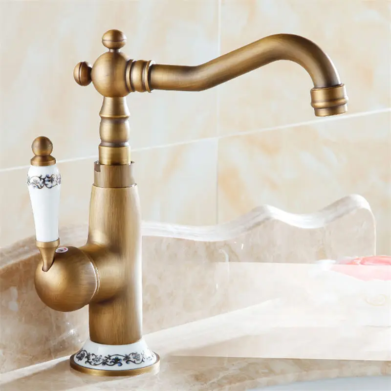 Basin Faucets Antique Brass Deck Mounted Bathroom Sink Faucet Single Handle Swivel Spout Hot Cold Water Mixer Water Tap AL-9212F