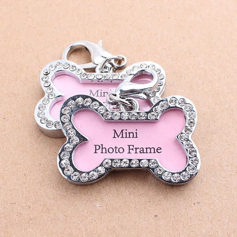 (50 pieces/lot) Cute Bone Shape Designs Stainless Steel Dog ID Tag Pendant Wholesale Rhinestone Pet Accessories Size S M