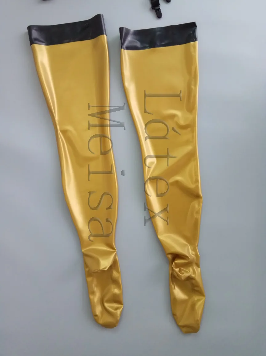 Gold tight natural latex stockings decorative with black trims on top for women