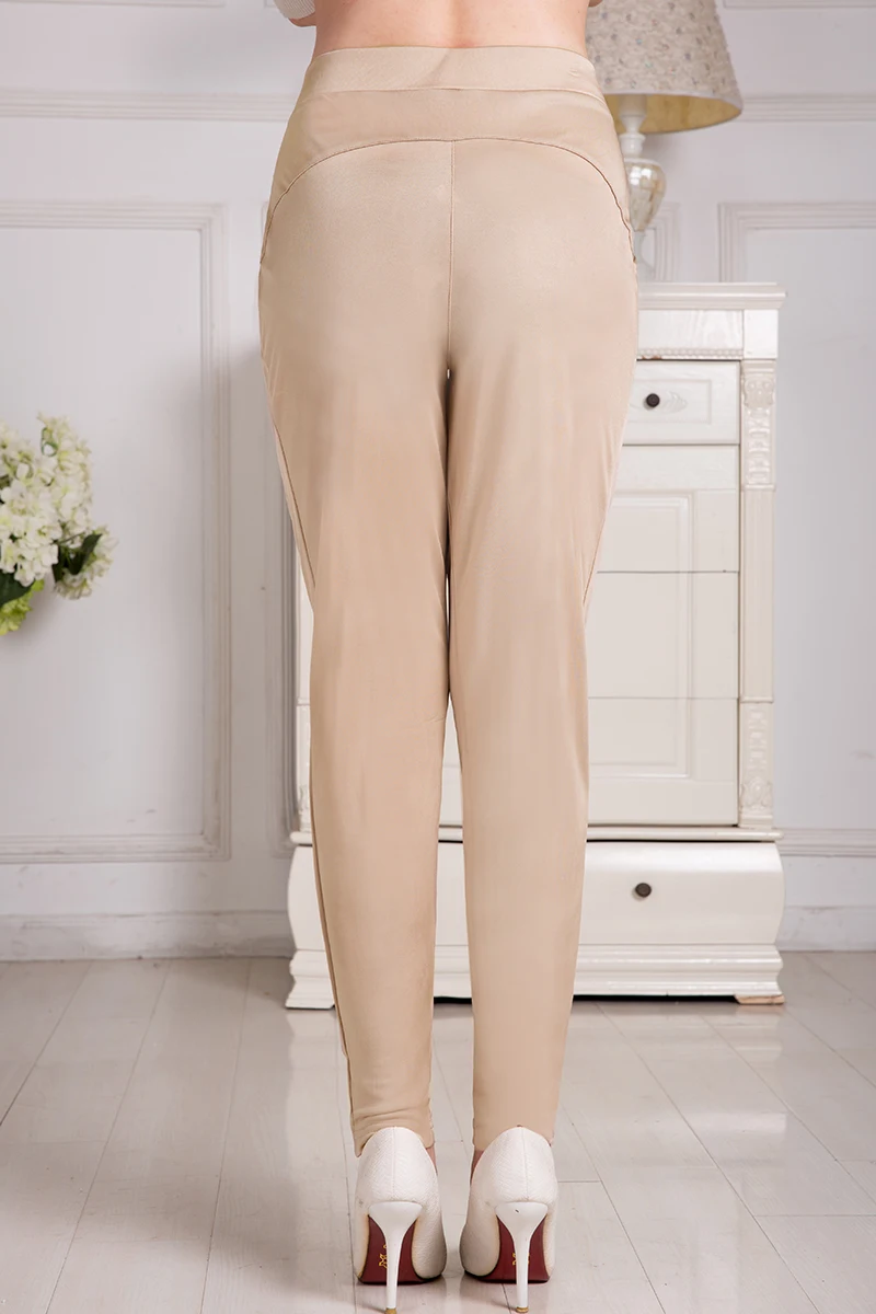 New arrival pure silk knitted lady mid-waist pleated harem pants,100% silk elastic waist casual long pocket trousers