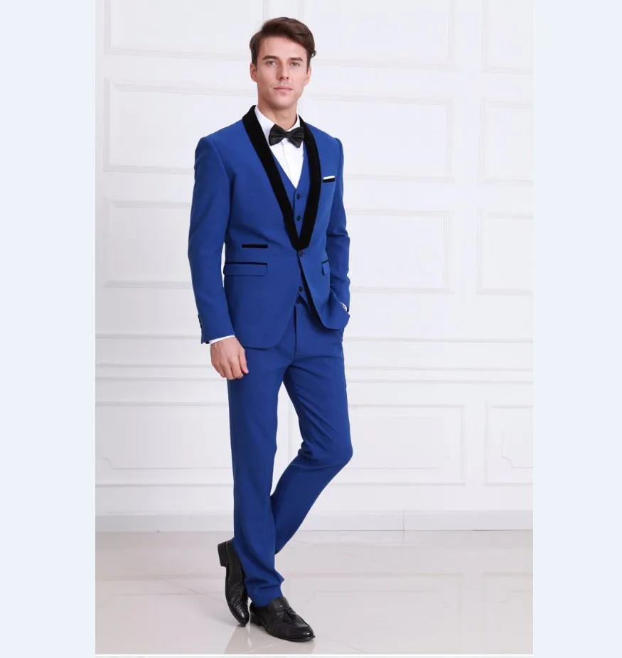 

New Arrival Groomsmen Shawl Black Lapel Groom Tuxedos Royal Blue Men Suits Wedding Best Man Blazer (Jacket+Pants+Tie+Vest) B950