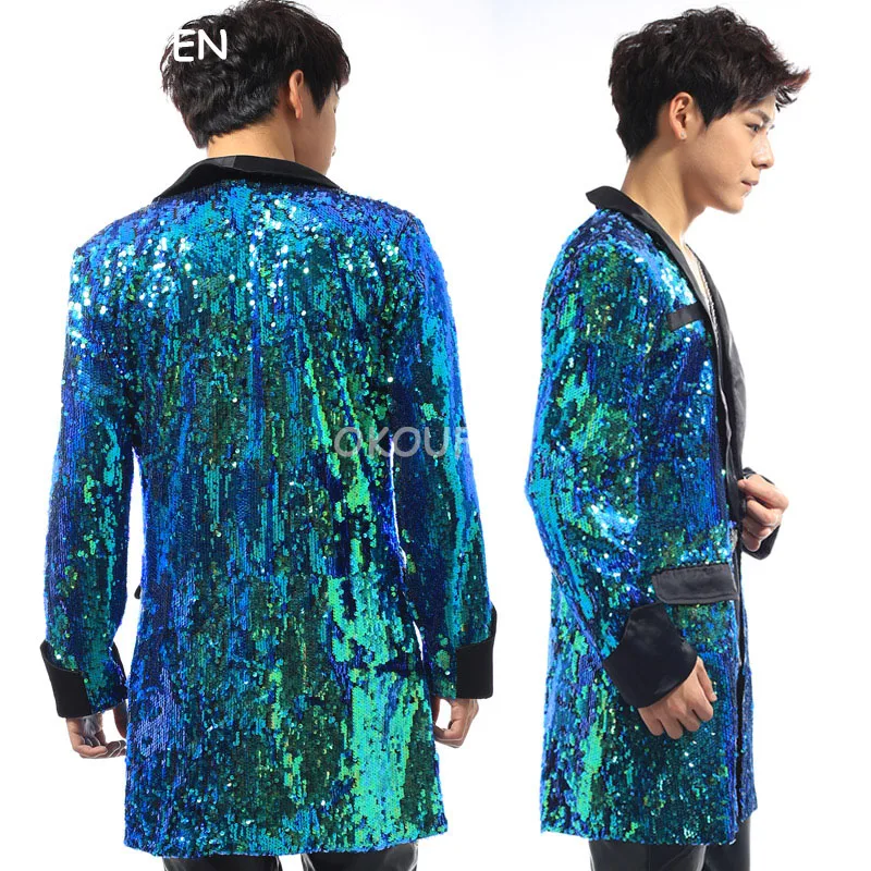 Customized Nightclub male singer DJ star sequins long Suit Shirt costumes Party stage show dancer performance jacket dance wear