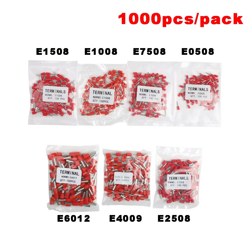 1000pcs/Pack E0508 E7508 E1008 E1508 E2508 Insulated Ferrules Terminal Block Cord End Wire Connector Electrical Crimp Terminator