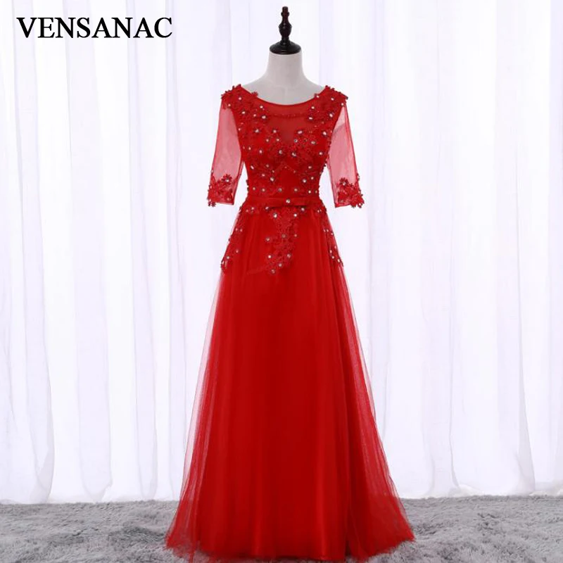 

VENSANAC 2018 A Line O Neck Crystals Bow Sash Long Evening Dresses Elegant Party Lace Appliques Half Sleeve Prom Gowns