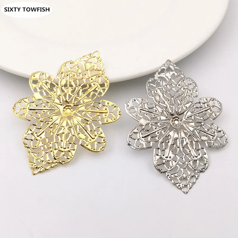 20pcs/lot 58x42mm Gold color/White K/Antique bronze Metal Filigree Flowers Slice Charms base Handicraft accessories for jewelry