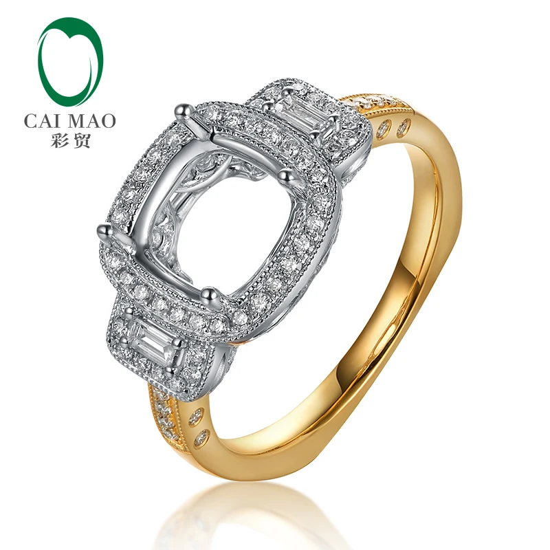 Caimao 8.5mm Cushion cut 0.43ct Baguette and Round Diamond 14k White and Yellow Gold Ring