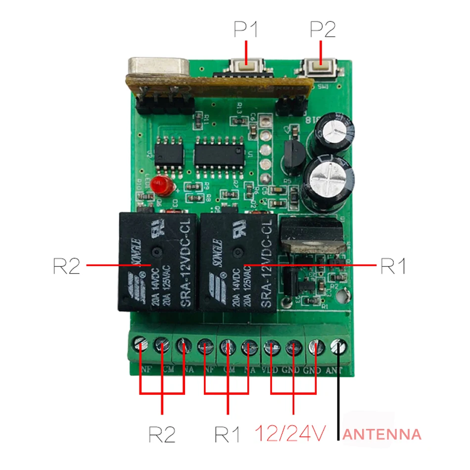 วิทยุรีโมทคอนโทรล RC ตัวรับสัญญาณสำหรับโรงรถประตู2ช่อง433Mhz